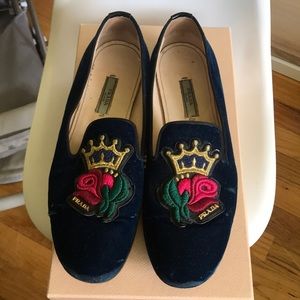 Prada velvet embroidered loafers